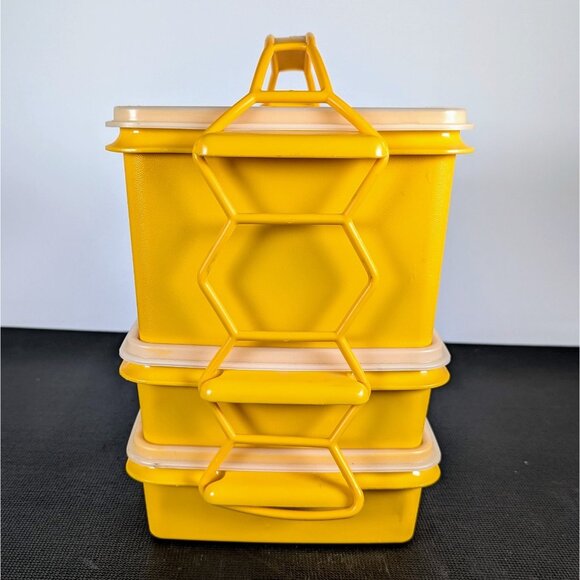 Tupperware Vintage Square Away Lunch Set 7 pieces with sun logo 1362 & 1674 - Picture 2 of 6